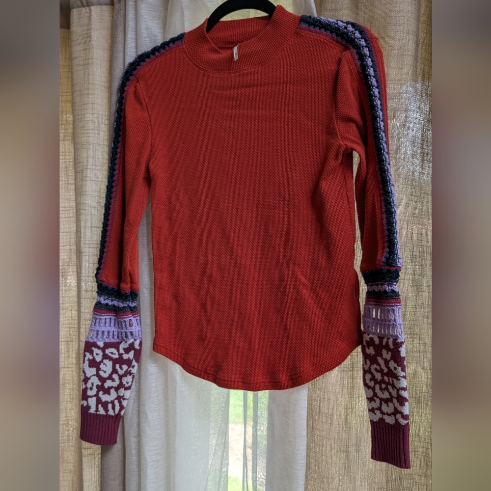 Free People Red Knit Sweatshirt with Patterned Sleeves